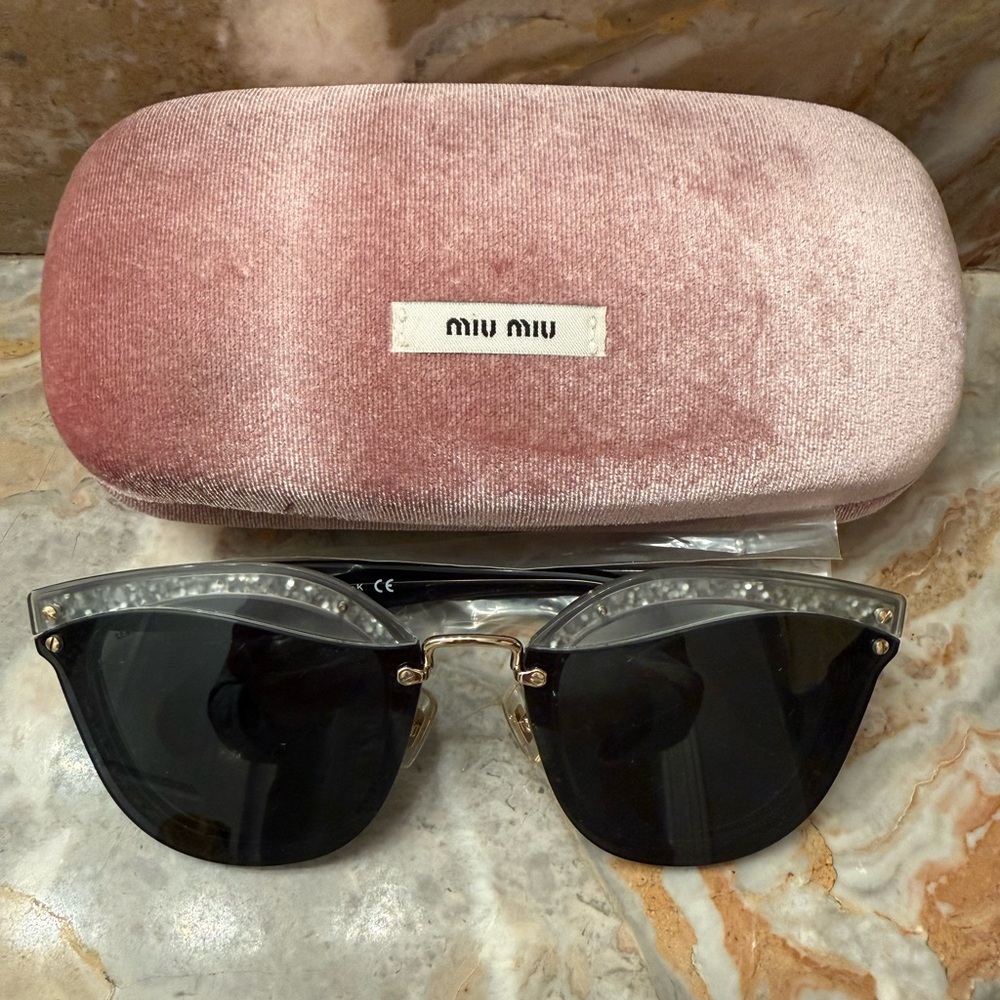 Miu Miu Black Sunglasses with Velvet Pink Case